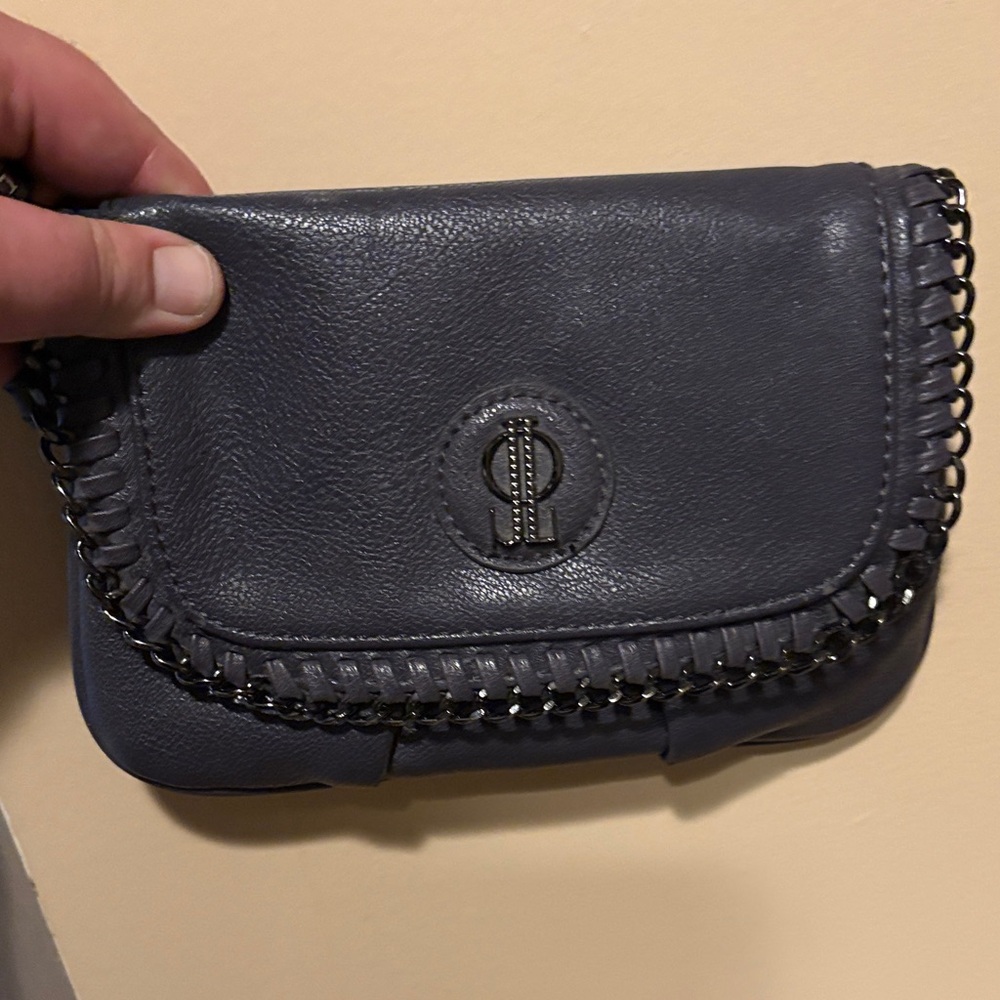 Jennifer Lopez Navy Leather Chain-Trim Clutch